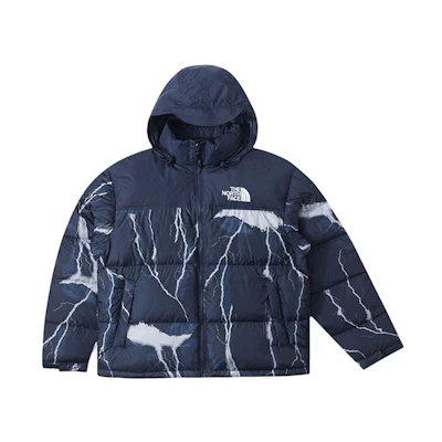 TNF Nuptse 1996 Camo Print Hooded Down Jacket Blue mens NF0A3C8D-SIP