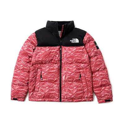 TNF Nuptse Origami Print Colorblock Packable Hooded Jacket Red NJ1DM66L