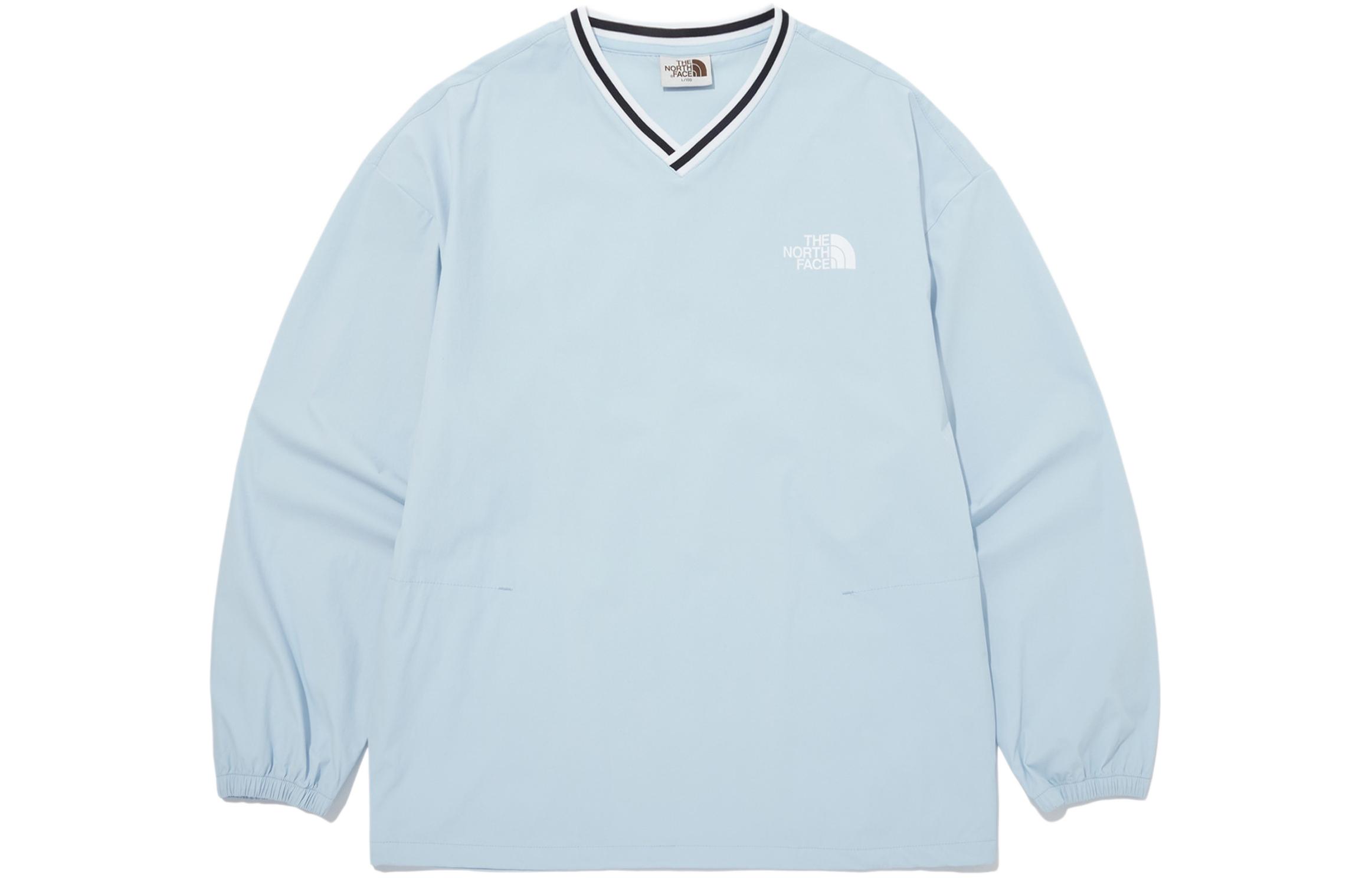 TNF Striped V-Neck Pullover Sweatshirt Light Blue Long Sleeve NM5MQ04L