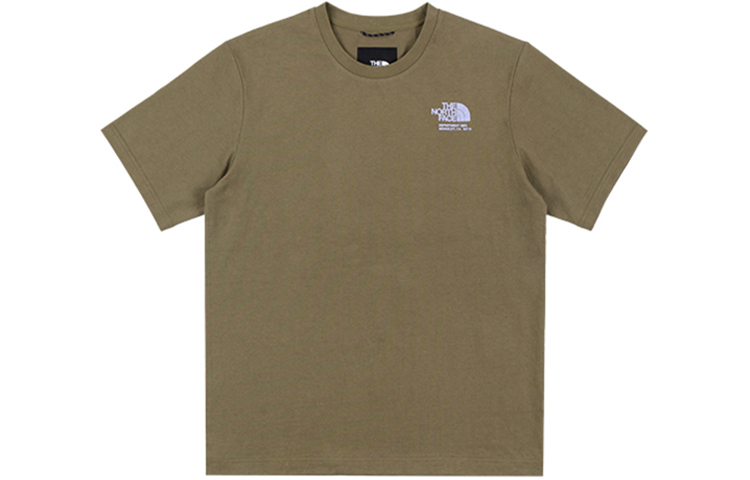 Lookbook 노스페이스 x 카즈키 쿠라이시 올리브 그린 로고 프린트 유니섹스 크루넥 티셔츠. NF0A5AWP-7D6