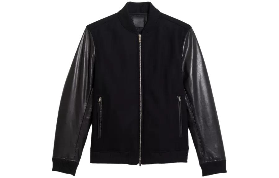 Theory Black Wool-Blend Leather Jacket with Solid Color Panel Design L0871404-001