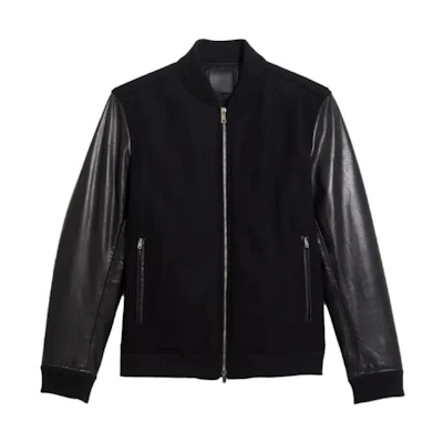 Theory Black Wool-Blend Leather Jacket with Solid Color Panel Design L0871404-001