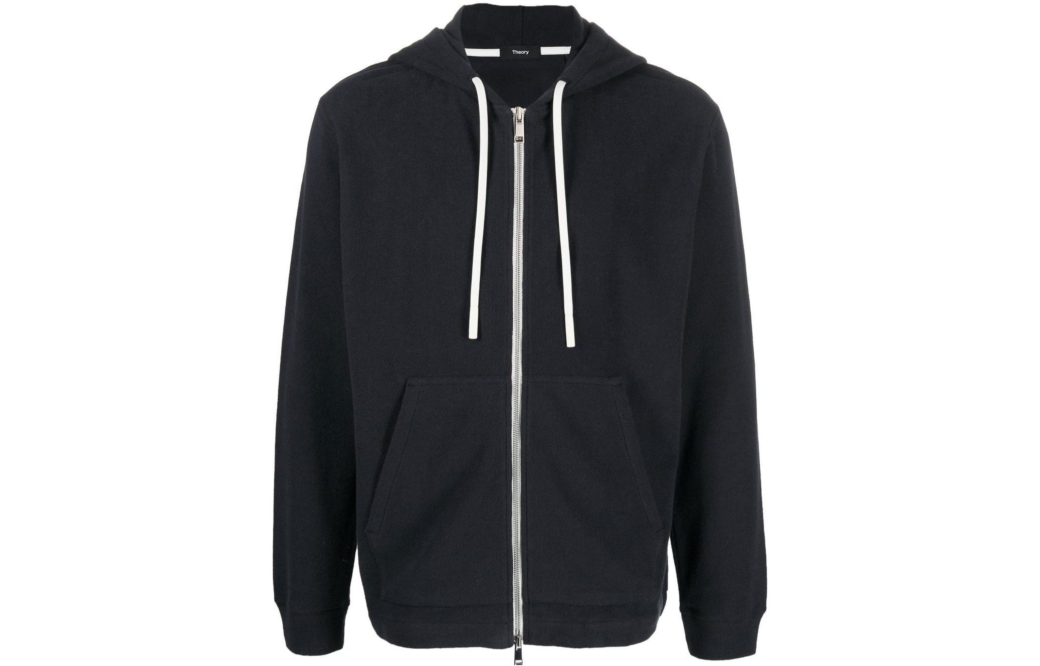 Theory FW22 Black Solid Zip Hoodie with Drawstrings M0594504