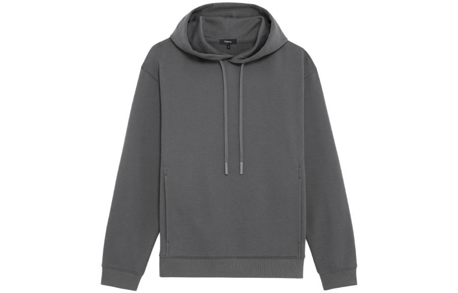 Theory Gray Cotton Blend Long-Sleeve Hooded Pullover Hoodie M0994501-APW