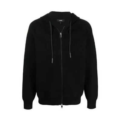 Theory Solid Color Zip-Up Drawstring Hoodie Jacket Black M0186710