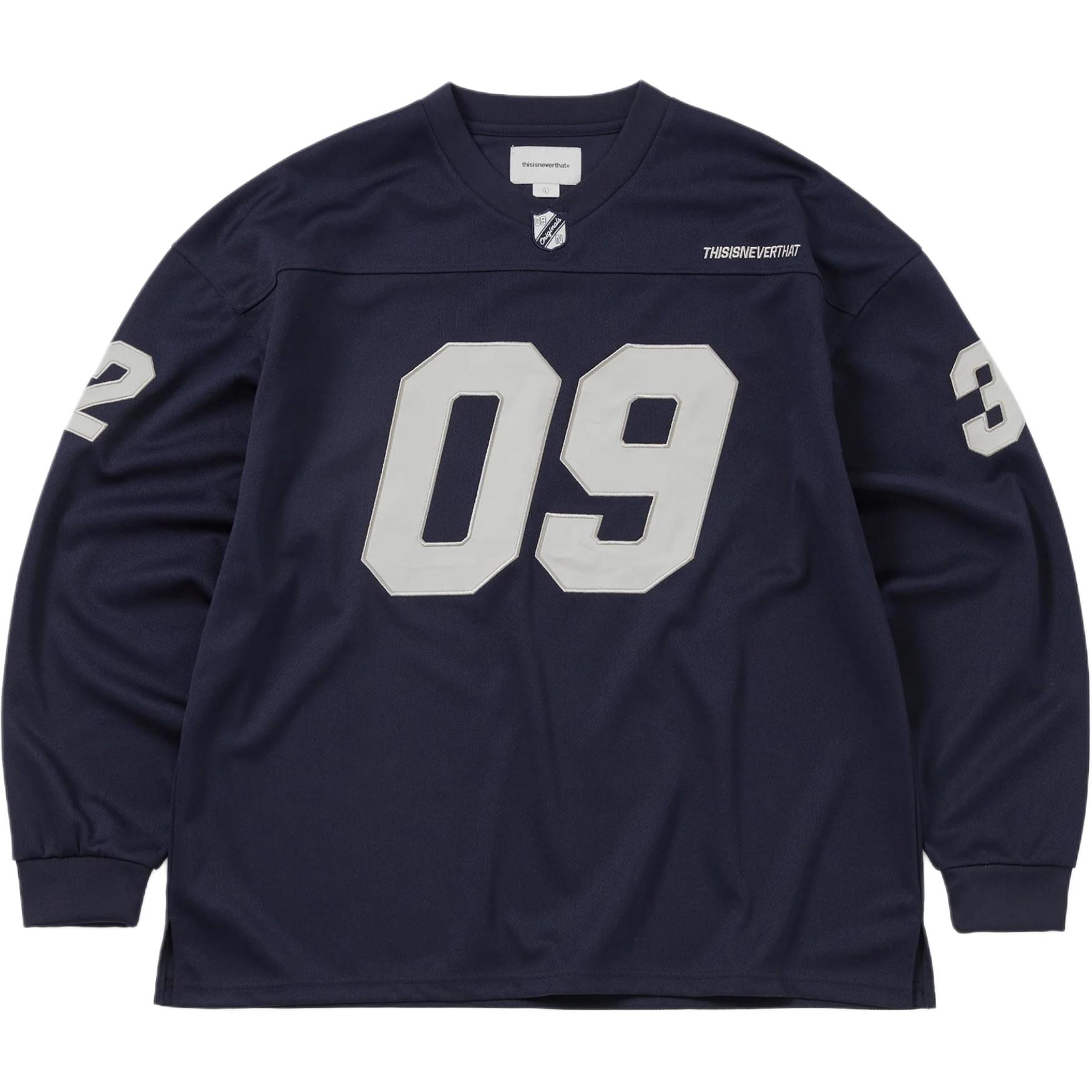 thisisneverthat FW25 Navy Football Jersey Numeric Logo Unisex Long Sleeve Shirt TN253WTOLP01NAV