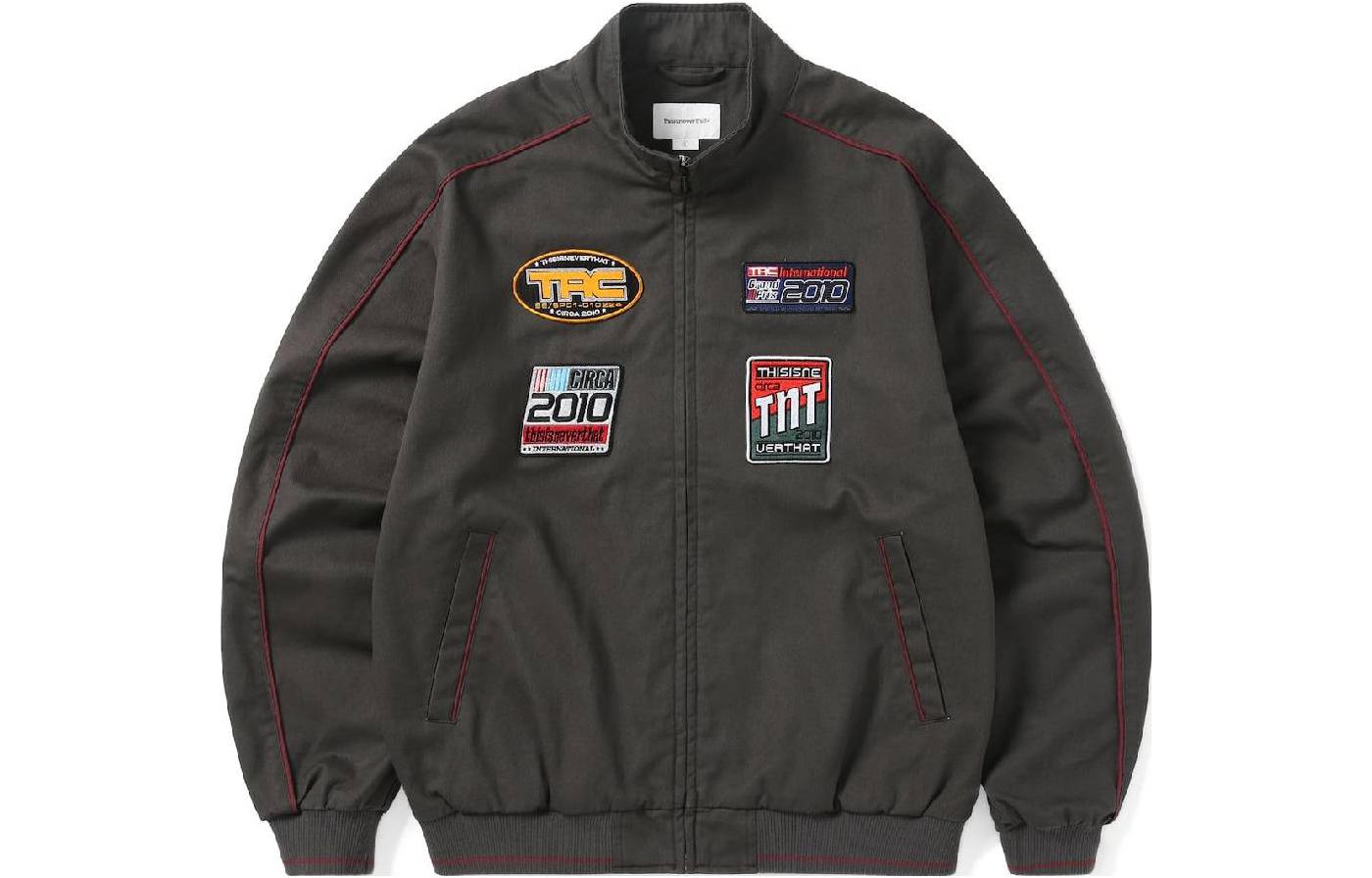 thisisneverthat SS23 Vintage Graphic Long-Sleeve Biker Jacket Unisex Dark Gray. TN223TSWH003