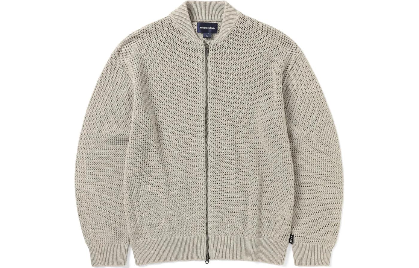 thisisneverthat SS24 Knit Jacket Beige with Metal Zipper Unisex Mesh Design. TN241KKNJK01BEI