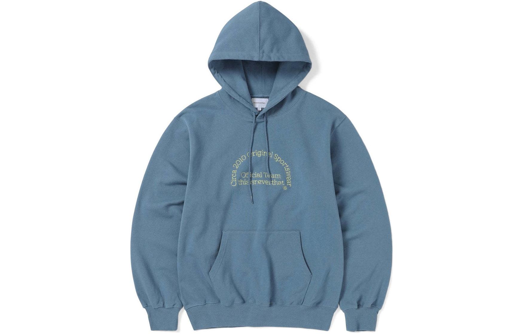 thisisneverthat SS24 TNT Team Hoodie Slate Blue Arched Letter Unisex Pullover. TN241TSWHO04SLT