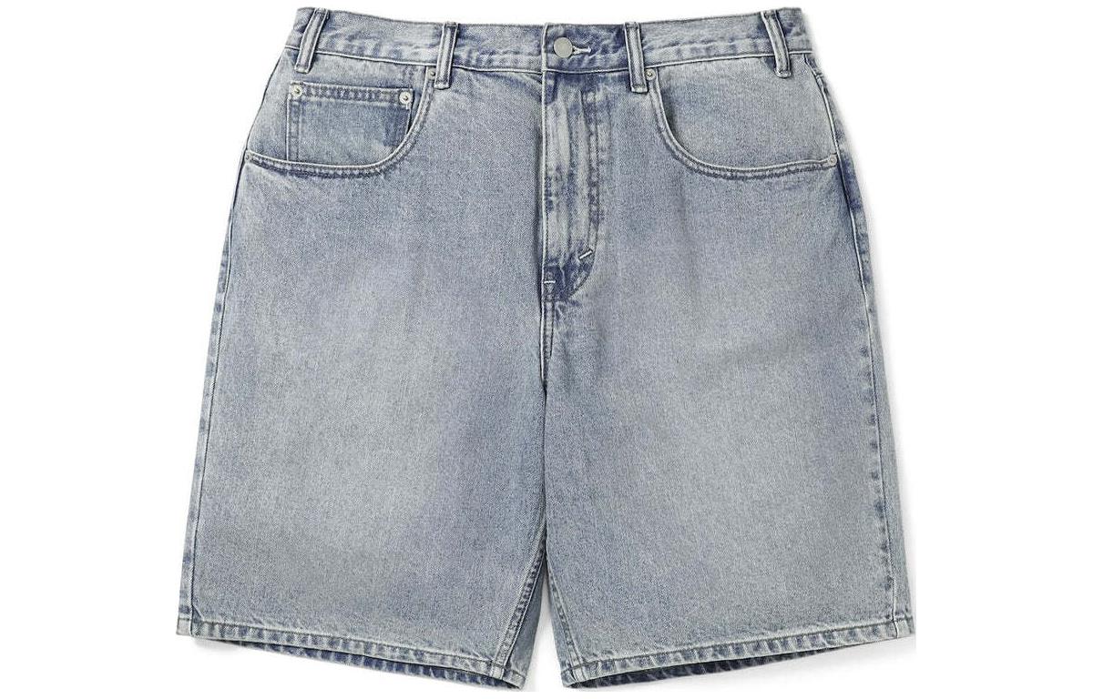 Thisisneverthat SS24 Washed Denim Shorts Unisex Blue Relaxed Fit with Embossed Logo. TN240DSO5S01BLW