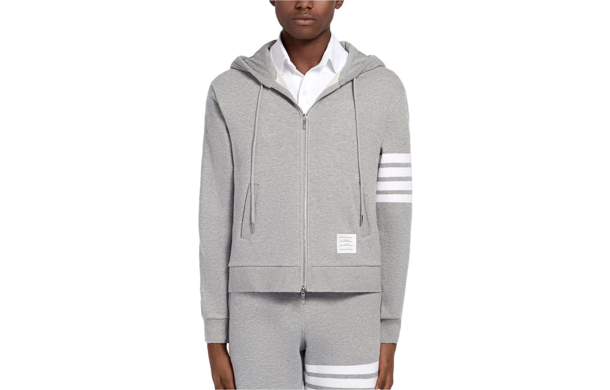 THOM BROWNE 4-Bar Gray Half-&-Half Hoodie  Striped Zip-Up Sweatshirt. MJT168A-05403-055