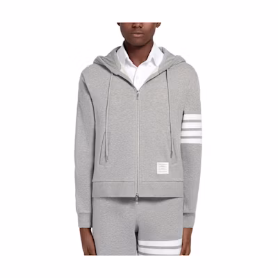 THOM BROWNE 4-Bar Gray Half-&-Half Hoodie Striped Zip-Up Sweatshirt. MJT168A-05403-055