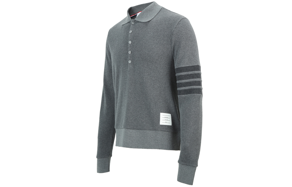 Shop Thom Browne 4-Bar Knit Polo Lengan Panjang Abu-Abu. MJP132A-05802-025