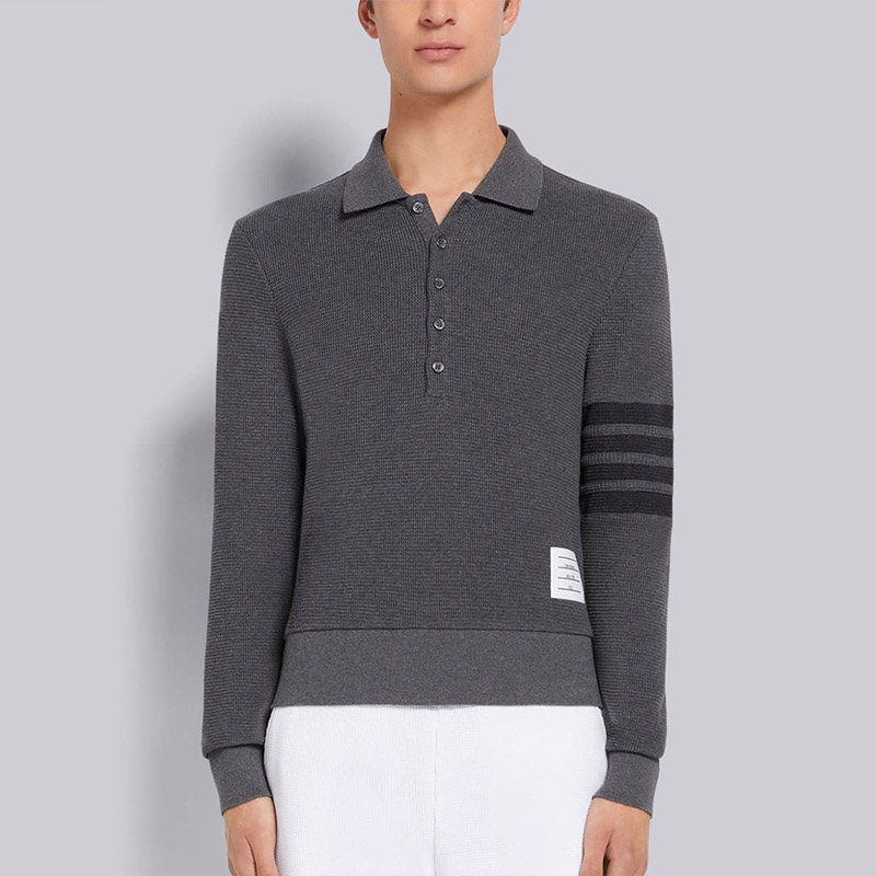Details for Thom Browne 4-Bar Knit Polo Lengan Panjang Abu-Abu. MJP132A-05802-025