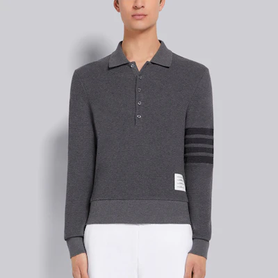 Thom Browne 4-Bar Knit Polo Lengan Panjang Abu-Abu. MJP132A-05802-025 Details for Thom Browne 4-Bar Knit Polo Lengan Panjang Abu-Abu. MJP132A-05802-025