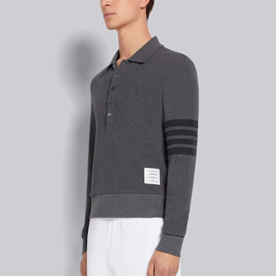 Thom Browne 4-Bar Knit Polo Lengan Panjang Abu-Abu. MJP132A-05802-025 Cheap Thom Browne 4-Bar Knit Polo Lengan Panjang Abu-Abu. MJP132A-05802-025