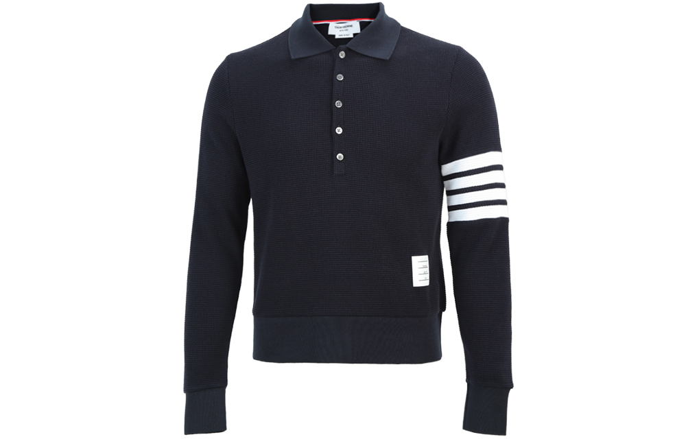 THOM BROWNE 4-Bar Knit Long Sleeve Polo Shirt Navy Blue MJP132A-05802-415