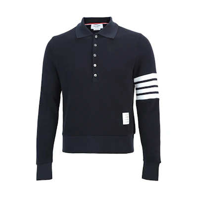 THOM BROWNE 4-Bar Knit Long Sleeve Polo Shirt Navy Blue MJP132A-05802-415