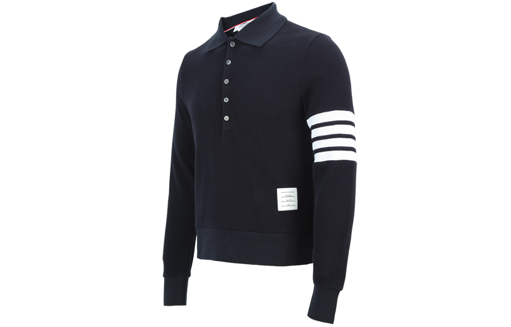 Shop THOM BROWNE 4-Bar Knit Polo Lengan Panjang Biru Navy MJP132A-05802-415