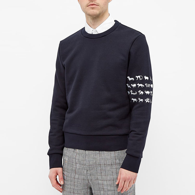 Shop THOM BROWNE Sweatshirt Navy Blue Crewneck 4-Bar Stripe Embroidered MJT258E-03377-415