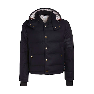 Thom Browne 4-Bar Stripe Hooded Wool Down Jacket Navy Blue MJD020X-06393-415