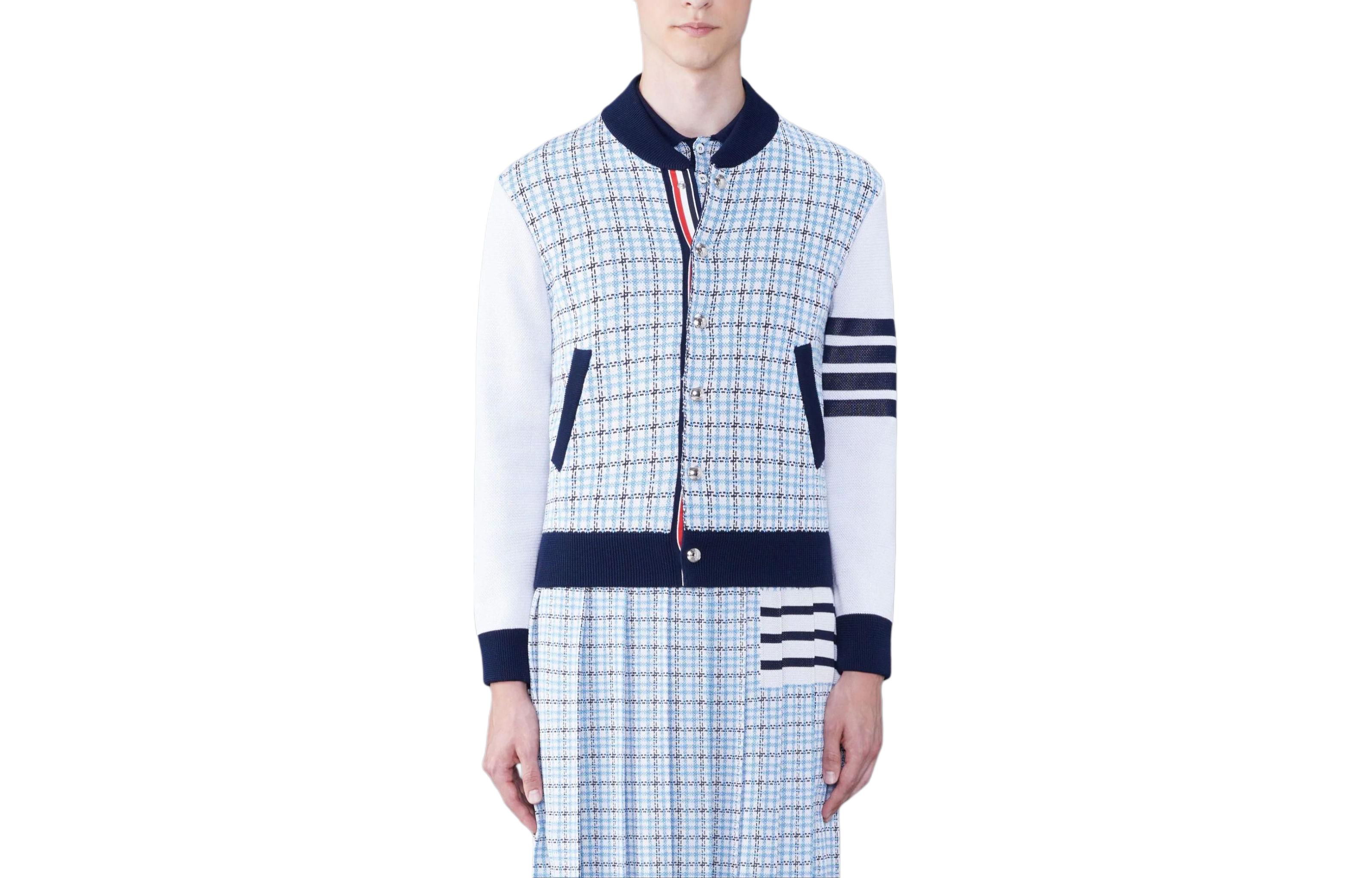 Thom Browne  4-Bar Bomber Jacket Blue Logo Print Button-Up Long Sleeve MKJ115A-Y4007-480