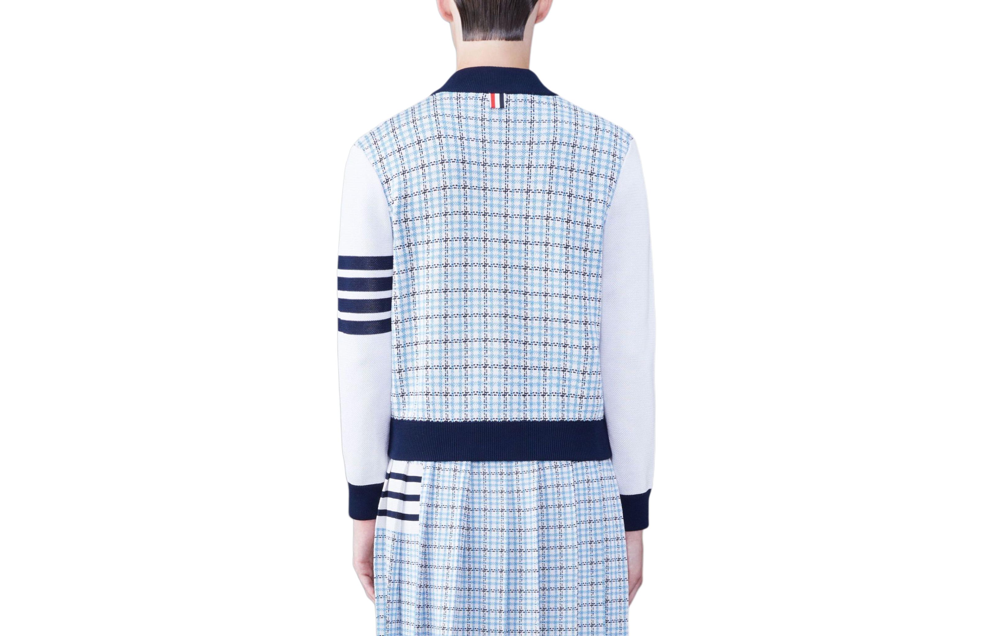 Lookbook Thom Browne 4-Bar Bomber Jaket Biru Logo Print Kancing Lengan Panjang MKJ115A-Y4007-480