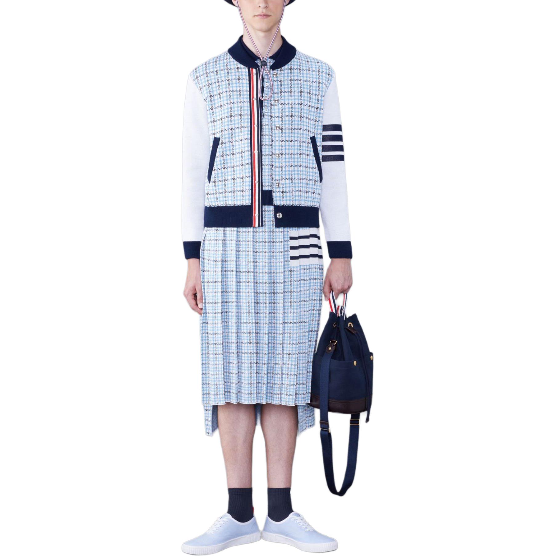 Shop Thom Browne 4-Bar Bomber Jaket Biru Logo Print Kancing Lengan Panjang MKJ115A-Y4007-480