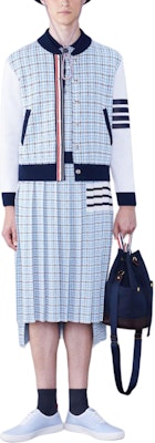 Thom Browne 4-Bar Bomber Jaket Biru Logo Print Kancing Lengan Panjang MKJ115A-Y4007-480 Shop Thom Browne 4-Bar Bomber Jaket Biru Logo Print Kancing Lengan Panjang MKJ115A-Y4007-480