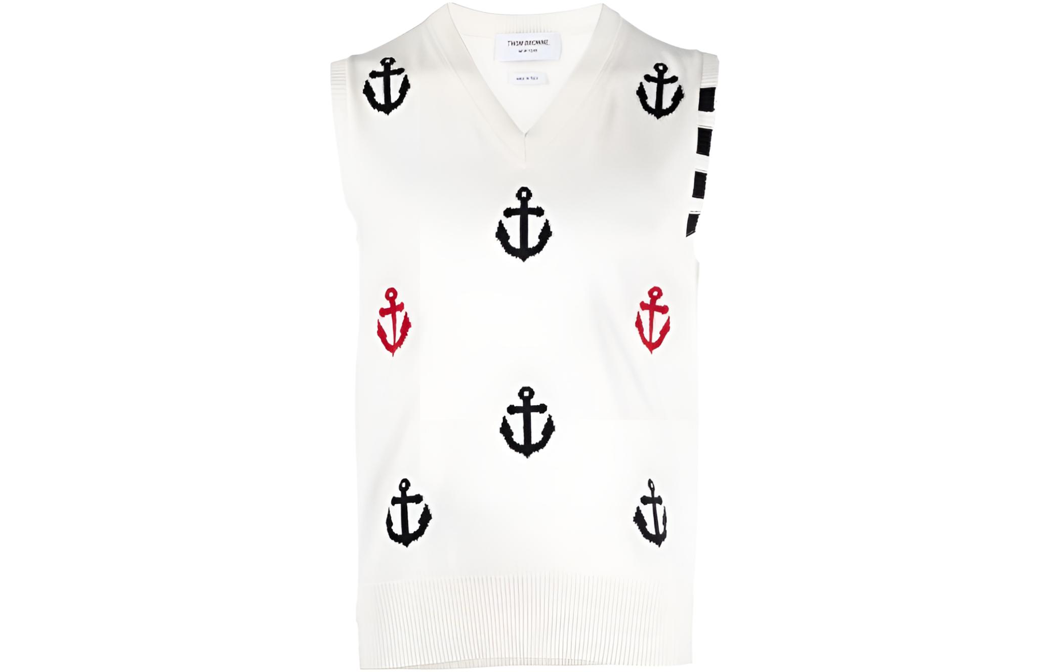 THOM BROWNE  Anchor-Embroidered V-Neck Sleeveless Vest. MKV066A-Y3007-100