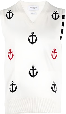 THOM BROWNE Anchor-Embroidered V-Neck Sleeveless Vest. MKV066A-Y3007-100 Buy THOM BROWNE Anchor-Embroidered V-Neck Sleeveless Vest. MKV066A-Y3007-100