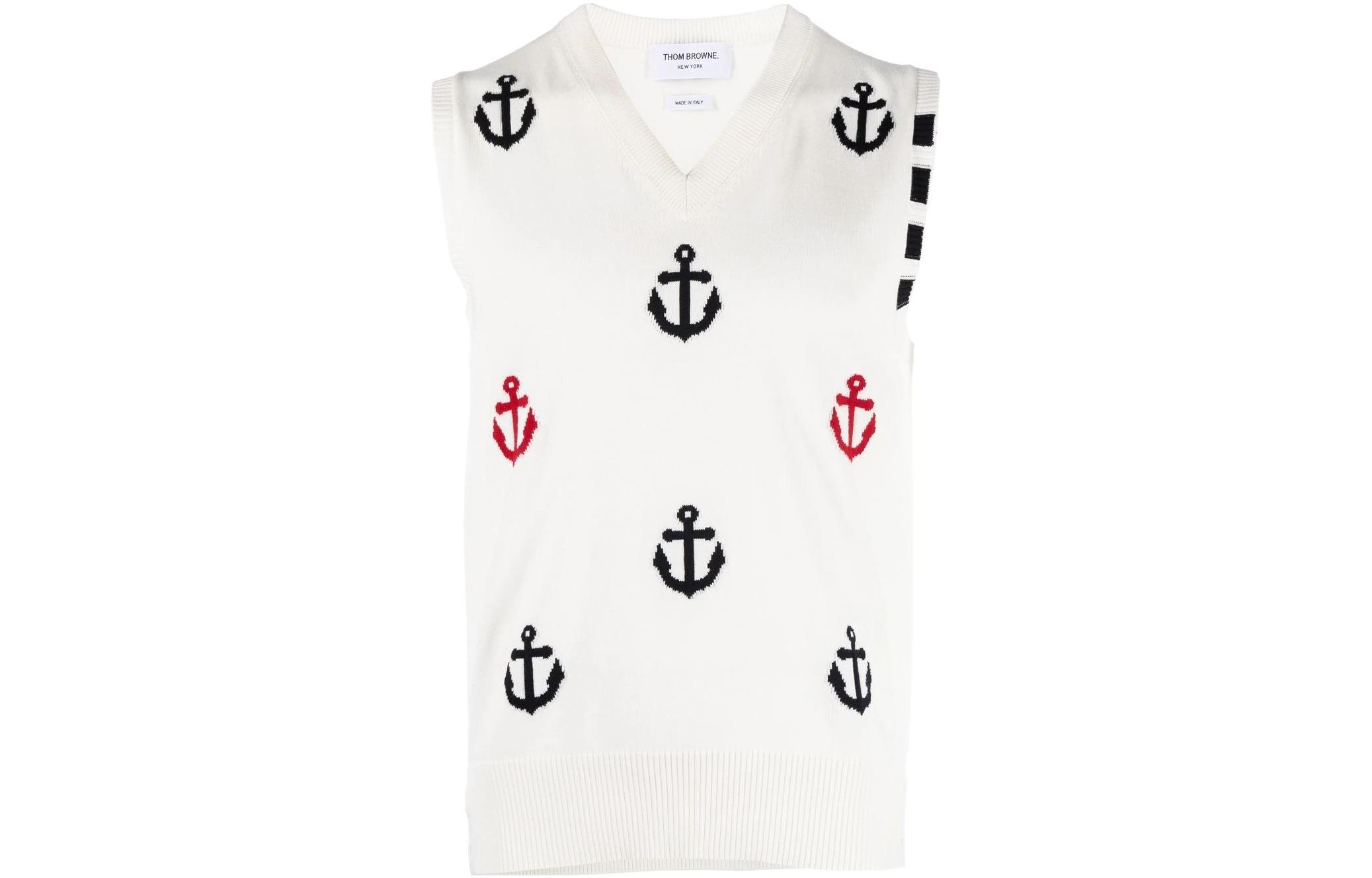 Order THOM BROWNE  Anchor-Embroidered V-Neck Sleeveless Vest. MKV066A-Y3007-100