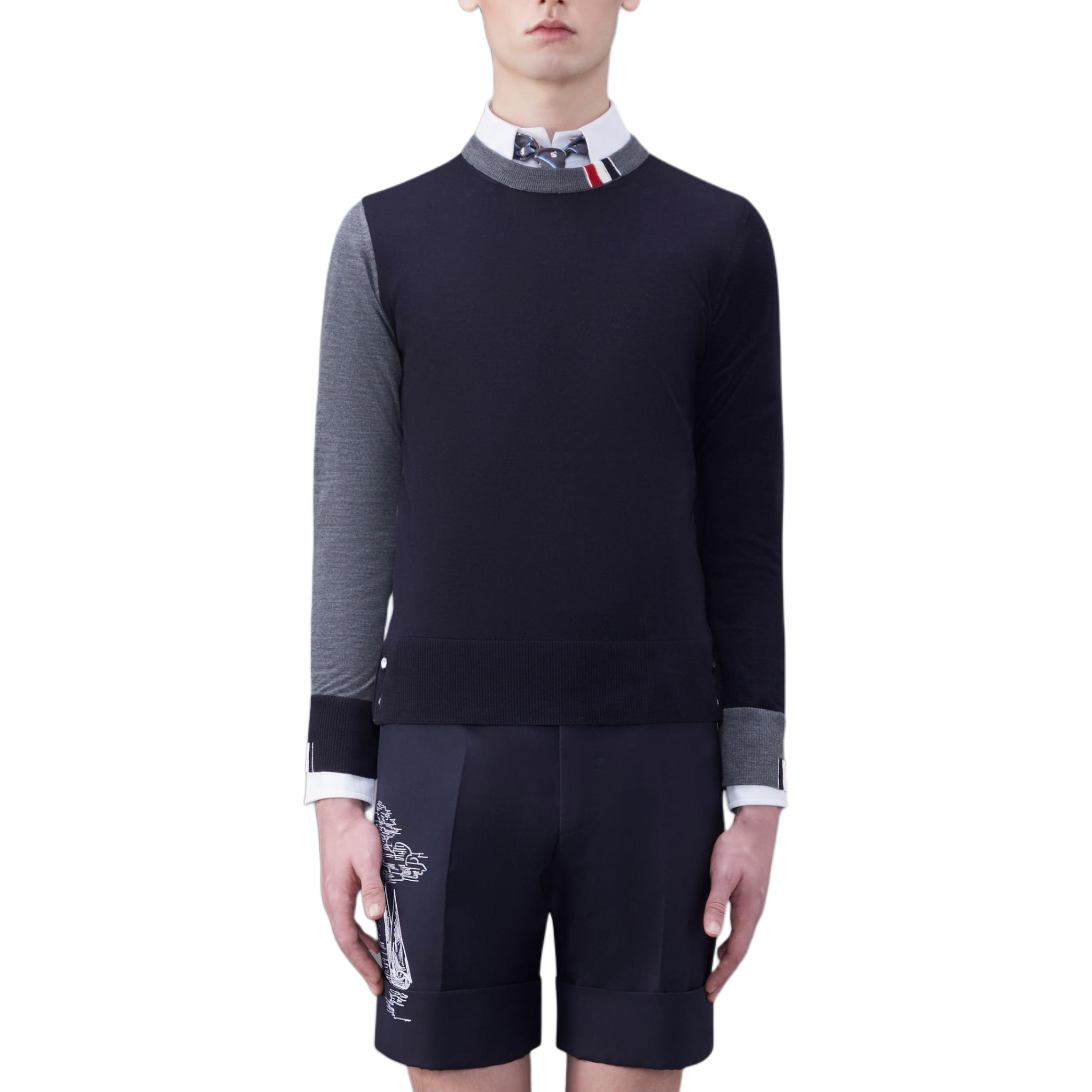 THOM BROWNE  Black Solid Color Long Sleeve Knitted Sweater. MKA474F-Y1014-415