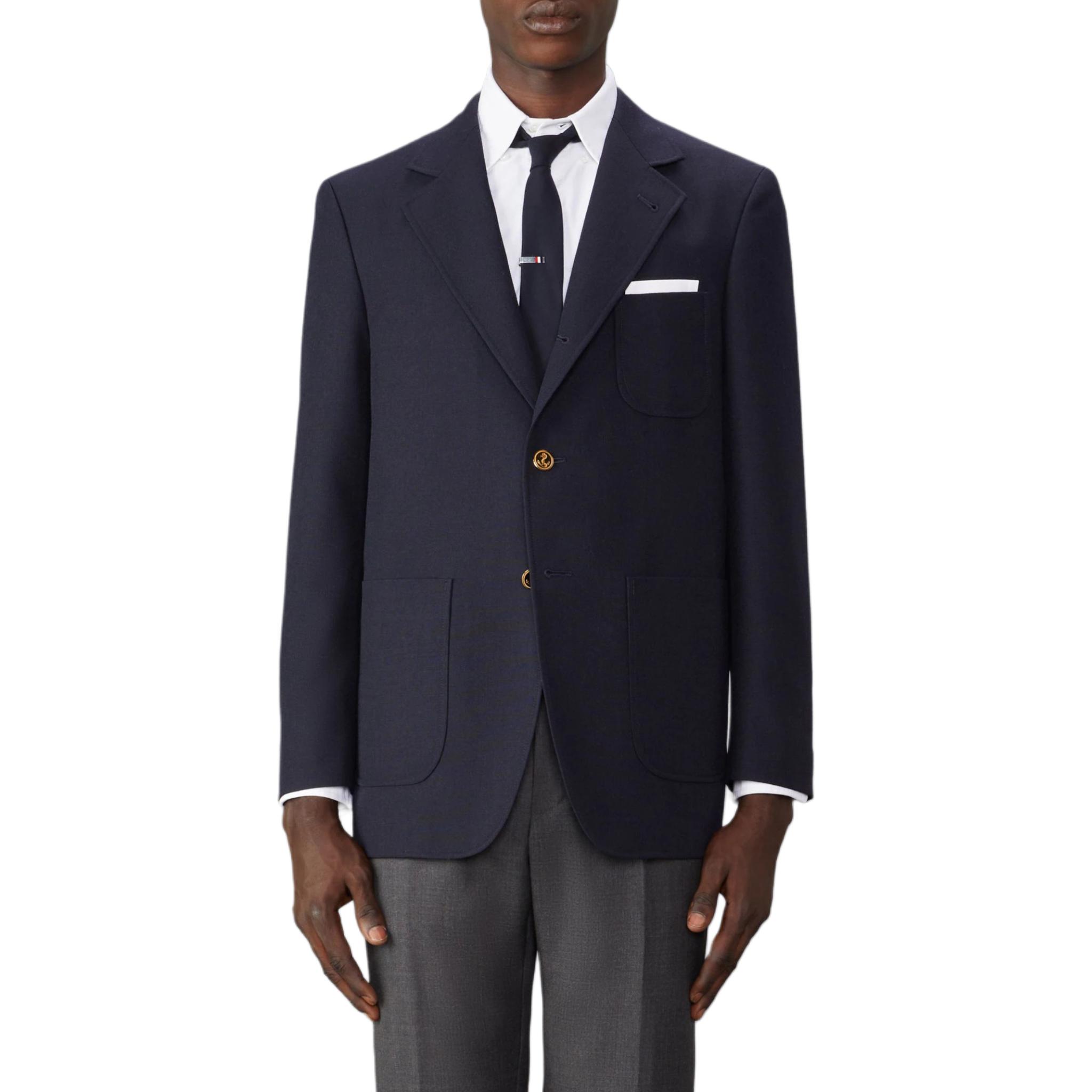 THOM BROWNE  Black Solid Color Loose Fit Button-Up Blazer Jacket. MJU568A-F0582-415