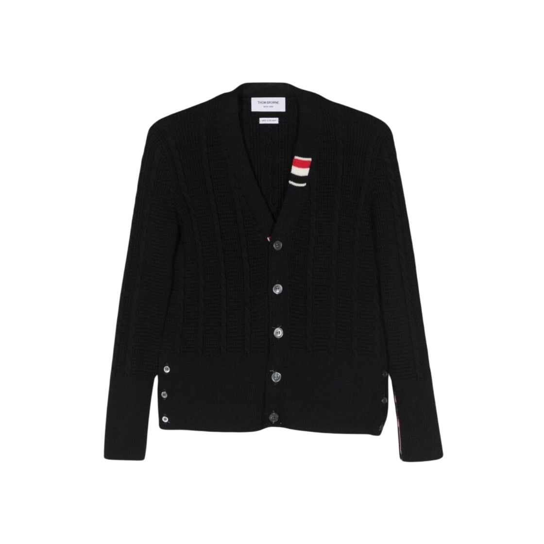 THOM BROWNE  Black Solid Loose Fit V-Neck Button Cardigan Sweater. MKC513A-Y1024-415
