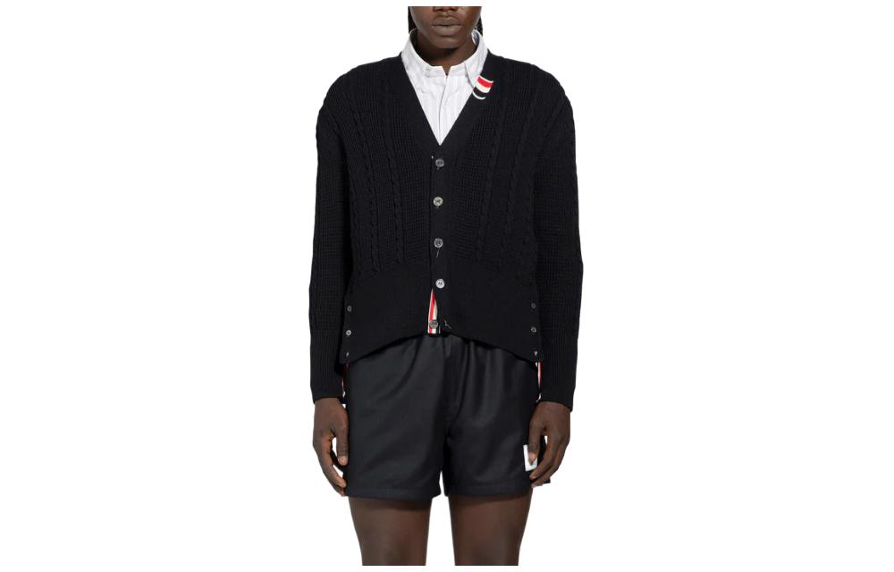 Order THOM BROWNE  Black Solid Loose Fit V-Neck Button Cardigan Sweater. MKC513A-Y1024-415