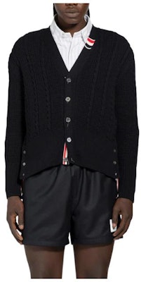 THOM BROWNE Black Solid Loose Fit V-Neck Button Cardigan Sweater. MKC513A-Y1024-415 Order THOM BROWNE Black Solid Loose Fit V-Neck Button Cardigan Sweater. MKC513A-Y1024-415
