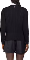 Lookbook THOM BROWNE Black Solid Loose Fit V-Neck Button Cardigan Sweater. MKC513A-Y1024-415