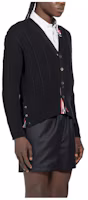 Shop THOM BROWNE Black Solid Loose Fit V-Neck Button Cardigan Sweater. MKC513A-Y1024-415