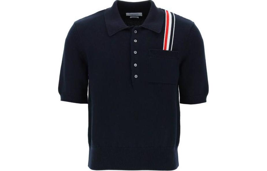 Thom Browne  Black Striped Print Short Sleeve Polo Shirt. MKP111A-Y3017-415