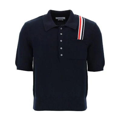 Thom Browne Black Striped Print Short Sleeve Polo Shirt. MKP111A-Y3017-415