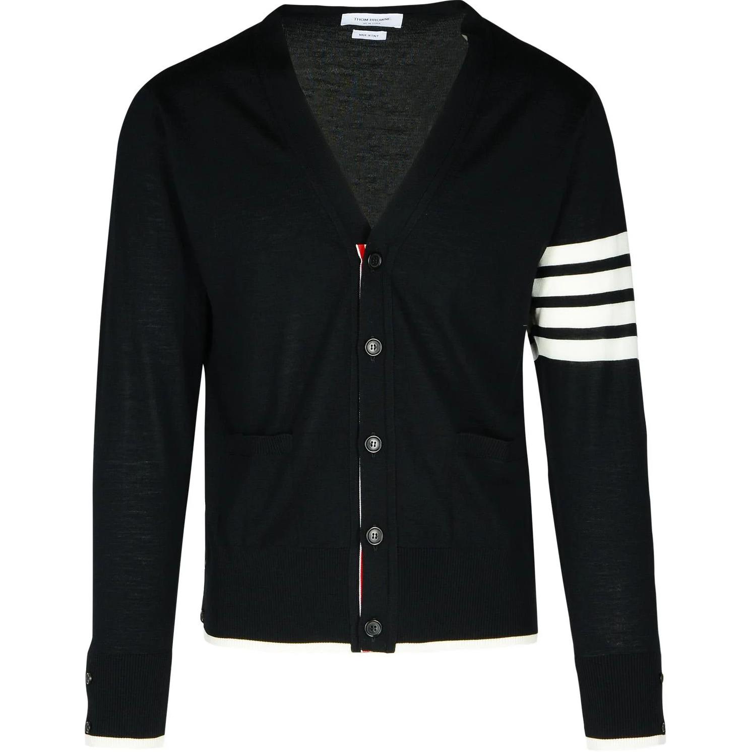 THOM BROWNE  Black Striped V-Neck Button Cardigan Sweater. MKC002DY1014-001