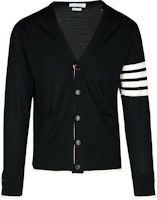 THOM BROWNE Black Striped V-Neck Button Cardigan Sweater. MKC002DY1014-001 THOM BROWNE Black Striped V-Neck Button Cardigan Sweater. MKC002DY1014-001