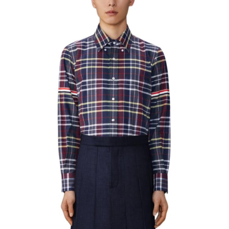 Sizing Thom Browne 蓝色格纹长袖纽扣衬衫。 MWL301O-F0659-996