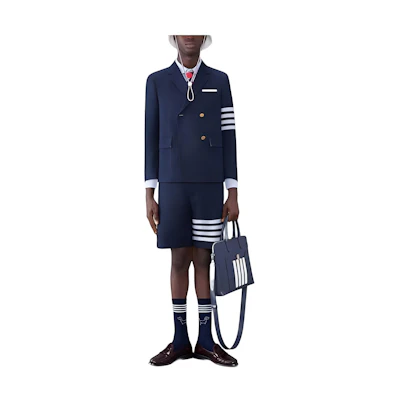 THOM BROWNE Blue Cotton 4-Bar Stripe Relaxed Fit Shorts with Zip Pockets. MTU321U-07890-415
