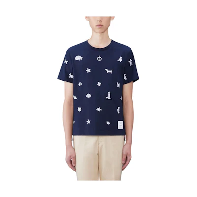 THOM BROWNE Blue Printed Crewneck Short Sleeve T-Shirt. MJS254E-00042-415