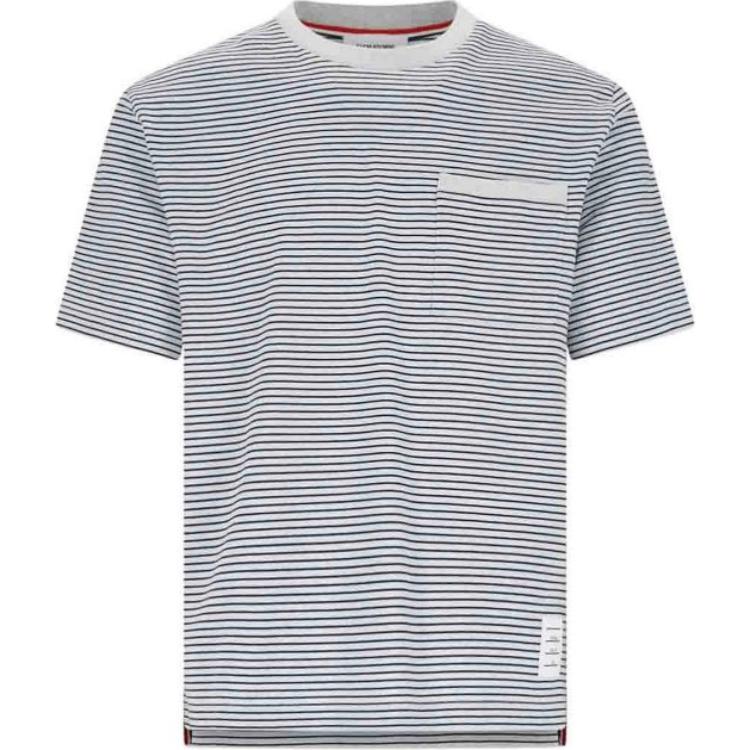 THOM BROWNE  Blue Striped Pocket Ribbed Crewneck Casual T-Shirt. MJS244A-J0115-460
