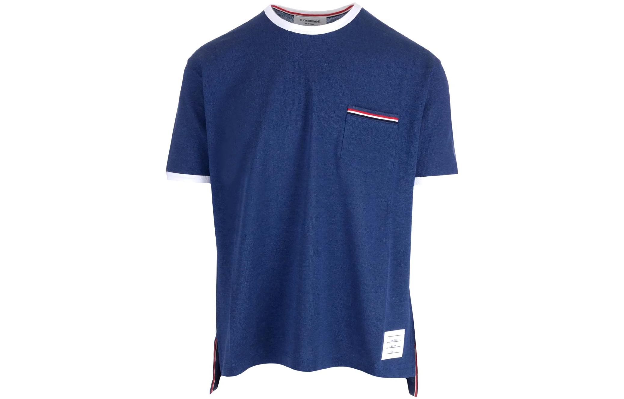 THOM BROWNE  Blue Striped Trim Crewneck Short Sleeve T-Shirt MJS220AJ0085435