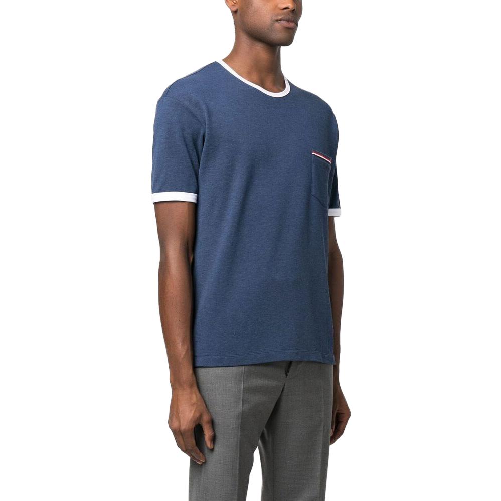 Shop 톰브라운 블루 스트라이프 트림 크루넥 반팔 티셔츠 MJS220AJ0085435