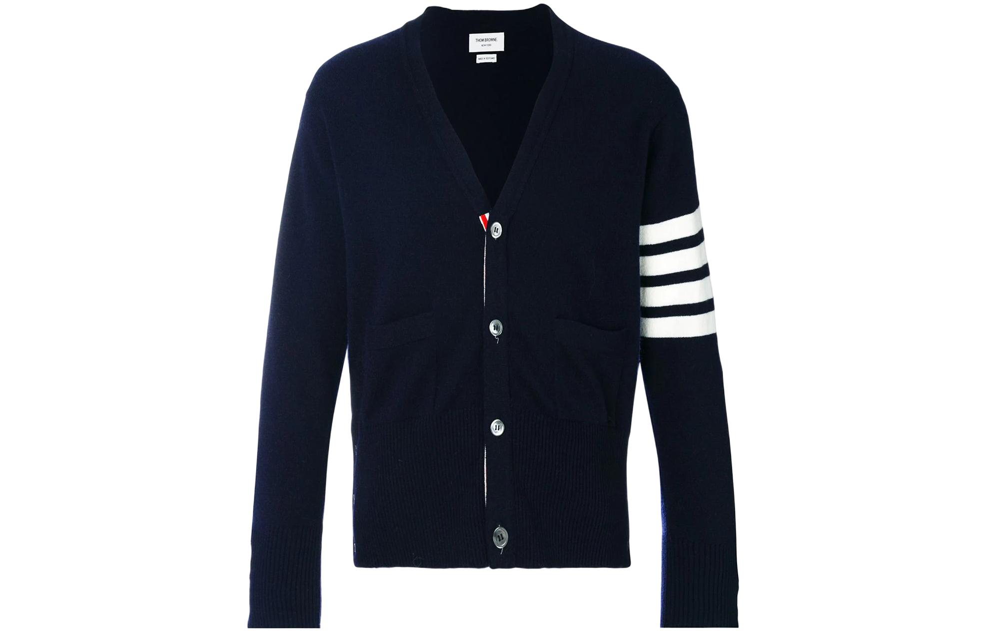 THOM BROWNE  Blue Striped V-Neck Cashmere Knit Sweater. MKC001A-00011-415